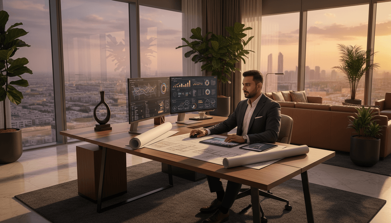 Property consultant reviewing market data and development plans in modern Abu Dhabi office