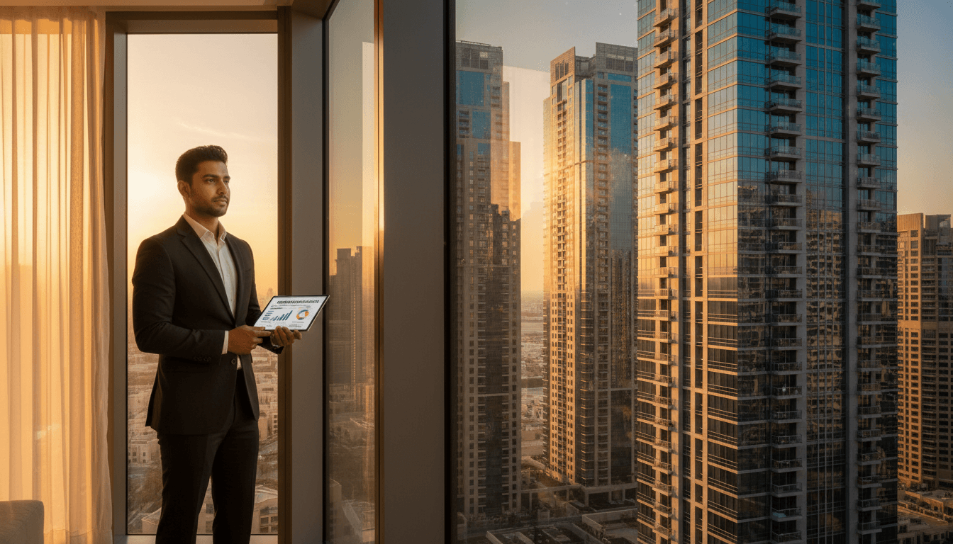 Real estate advisor overlooking Dubai skyline with property insights