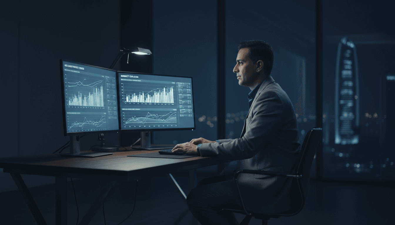 Investment advisor analyzing property market data on screens