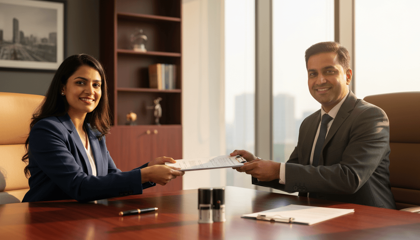 Property advisor handing signed documents to satisfied investor