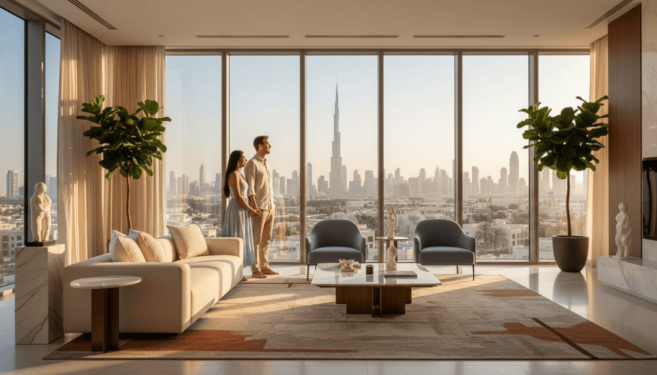 Young couple enjoying their dream home with panoramic Dubai skyline views through floor-to-ceiling windows