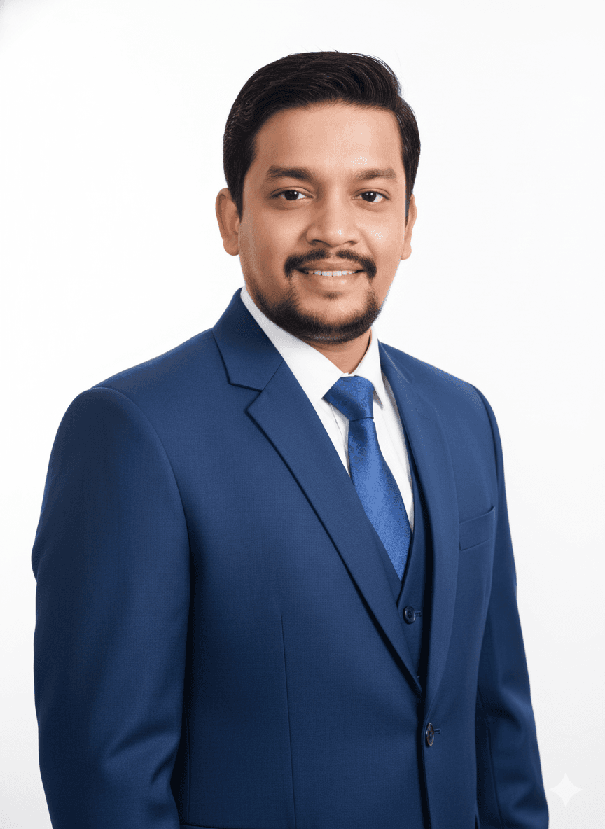 Smiling man with a beard wearing a blue three-piece suit and tie, white background.