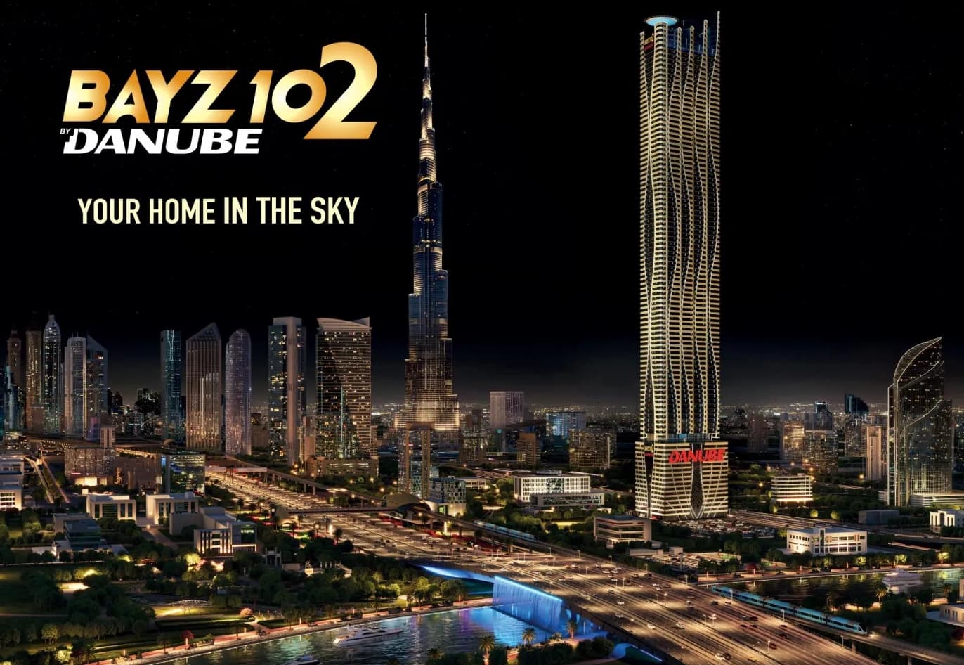 Nighttime Dubai skyline featuring the Burj Khalifa and the tall, wavy BAYZ 102 skyscraper.