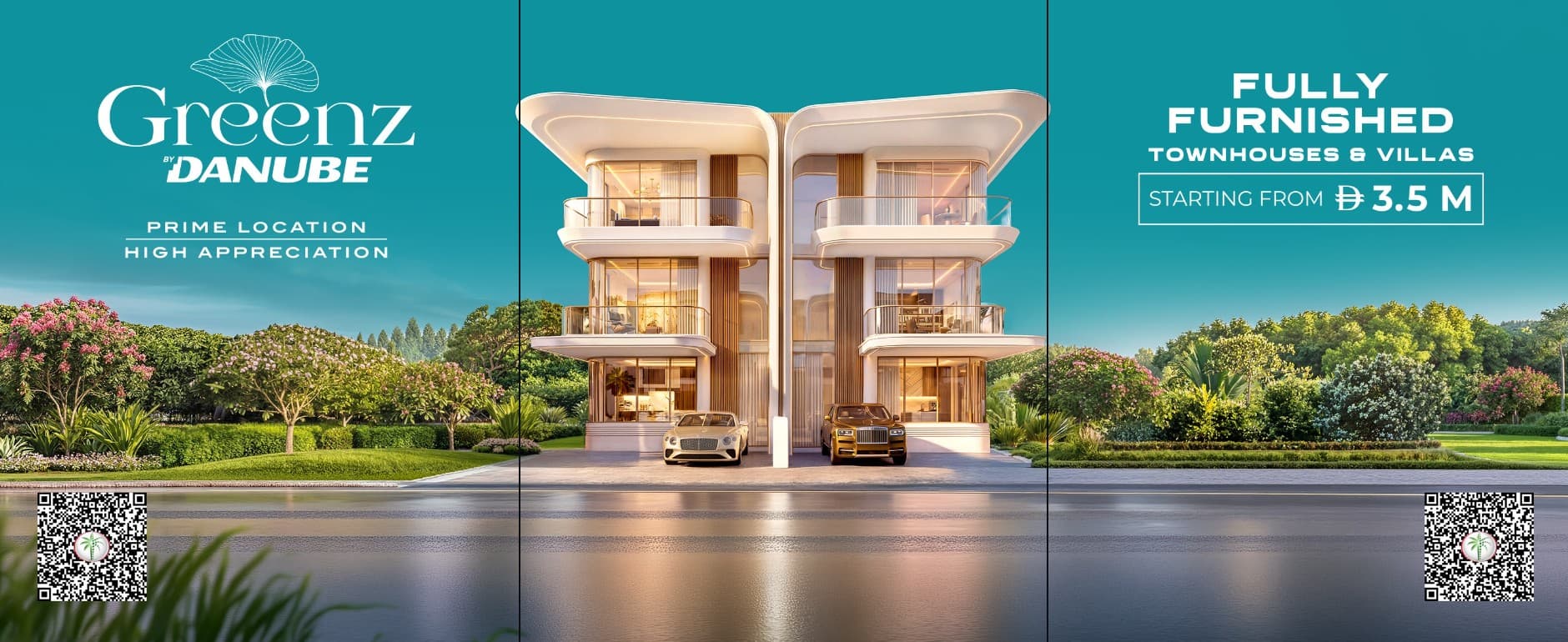 Modern three-story townhouses with curved balconies and luxury cars in a lush green setting.