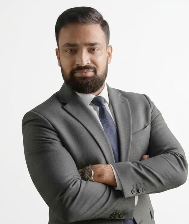 Bearded man in a gray suit and blue tie with arms crossed, white background.