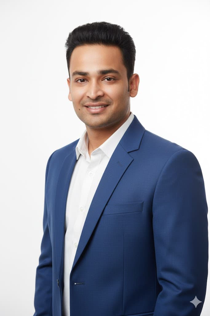 Smiling South Asian man in a blue blazer and white shirt, white background.