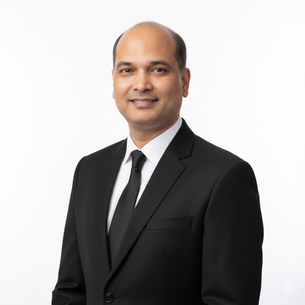 Smiling man with a bald head in a black suit and tie against white background.